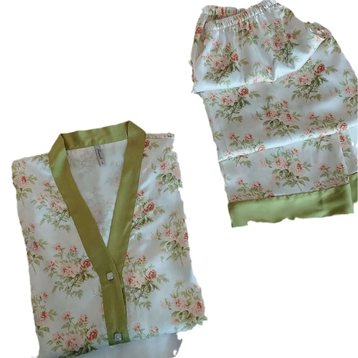 qgtao Spring New Pajamas Women's Ice Silk Flower Print Long Sleeved Loose Size Sleepwear
