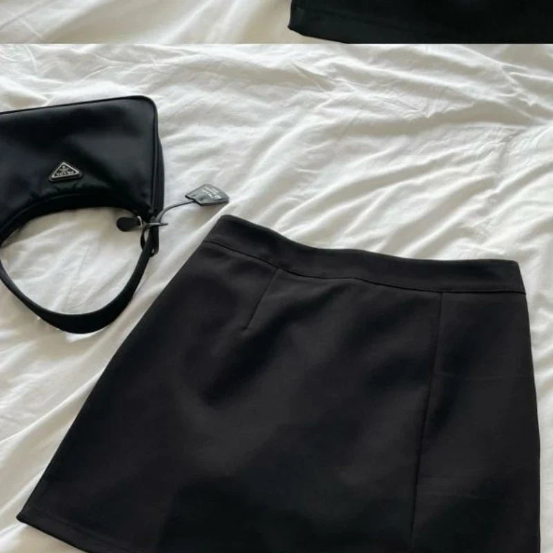 HOUZHOU Grey Mini Skirt Women Summer Vintage Streetwear High Waist A-line Split Gyaru Bodycon Pencil Skirt Korean Style Casual