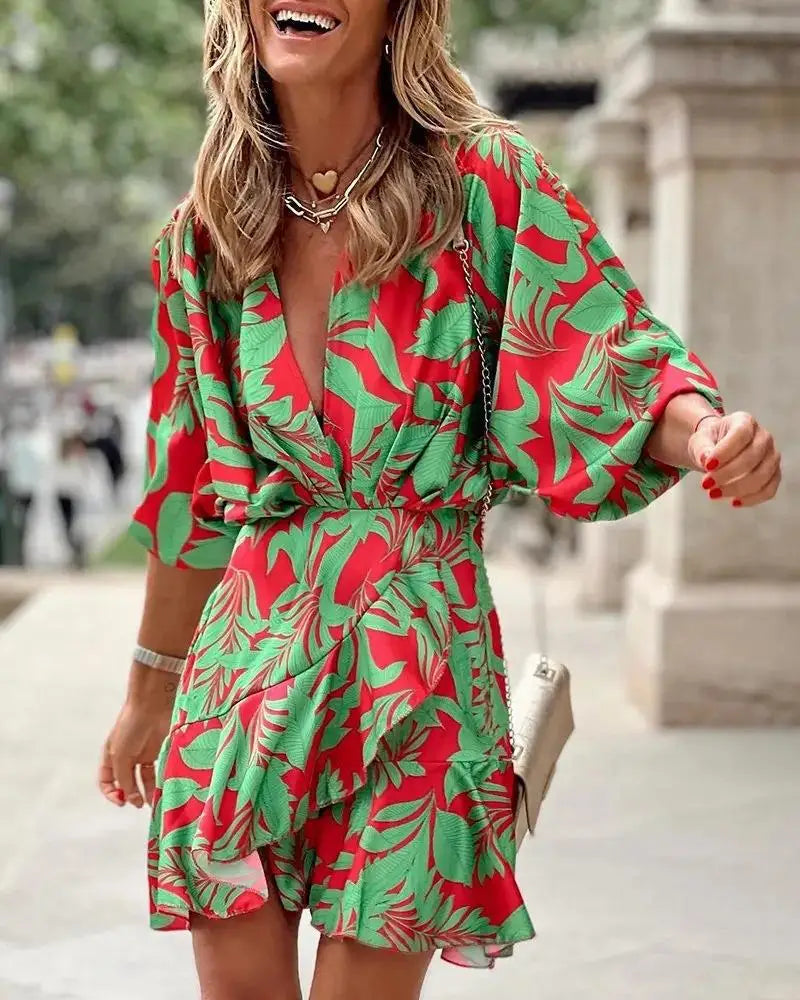 qgtao Spring And Summer Women's Bat Sleeves Sexy V-Neck Hem Irregular Dress New Women's Printed Fashion Loose 5/4 Sleeve Mini Dress