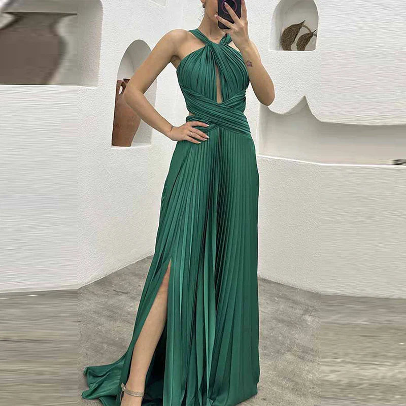 qgtao Fashion Banquet Halter Hollow Out Party Dress Women Temperament High Waist Slim Maxi Dress Elegant Sexy Pleated Slit Long Dress