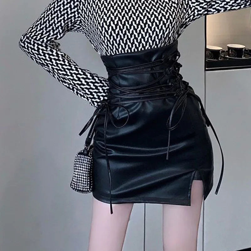 qgtao Black Leather Mini Skirts Women Gothic High Waist Slim Fit Lace-Up Pencil Skirt Female Sexy Club Back Zipper Split Bag Hip Skirt
