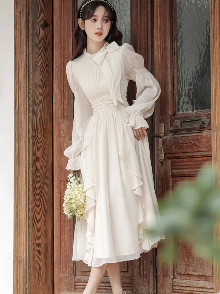 qgtao Autumn Chiffon Midi Dresses for Women O-neck Bow Flare Sleeve High Waist Ruffles A-line Princess Party Dress Vestidos Mujer New