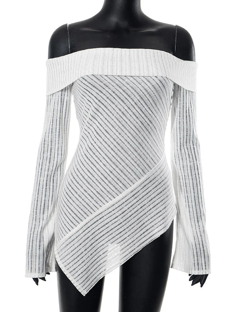 qgtao Off Shoulder T-Shirt Women Summer Long Sleeve Tops Female Elegant Hollow Out Knitted Tee Ladies White Sexy Slash Neck