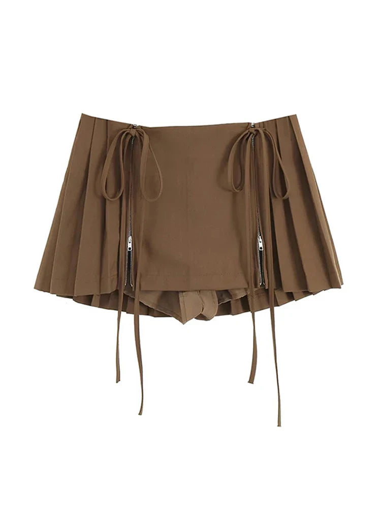 Harajuku Pleated Skirt Women Korean Fashion Preppy Style All-Match Casual Vintage Lace-Up Wrap Hip High Waist Slim Short Skirts