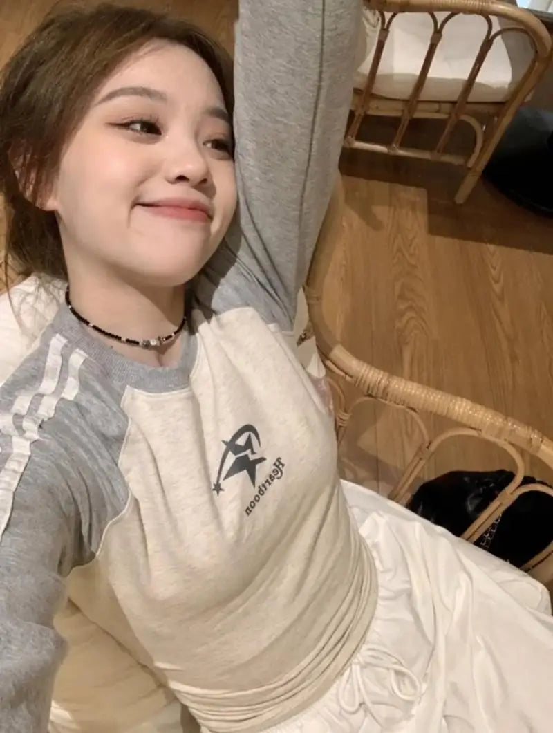 qgtao Y2K T Shirts Women Autumn Long Sleeve Top Female American Retro Star Print Crop Tee Lady Harajuku Stripe Patchwork Slim T Shirt