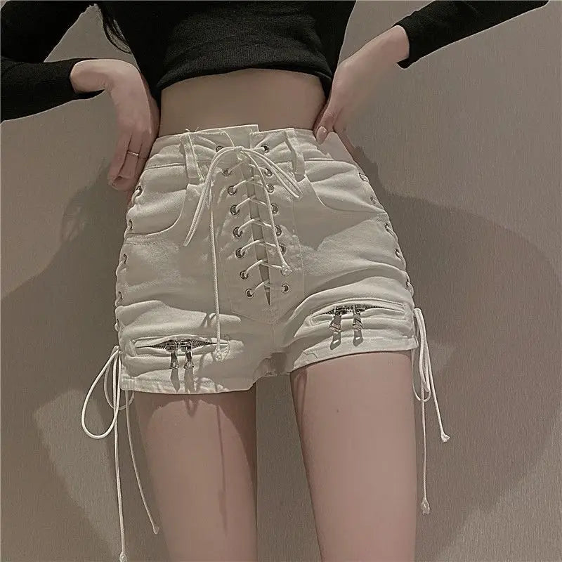 qgtao  Sexy Denim Shorts Women Streetwear Gothic Jeans Mini High Waist Lace Up Casual Zip Black Goth Club Fashion