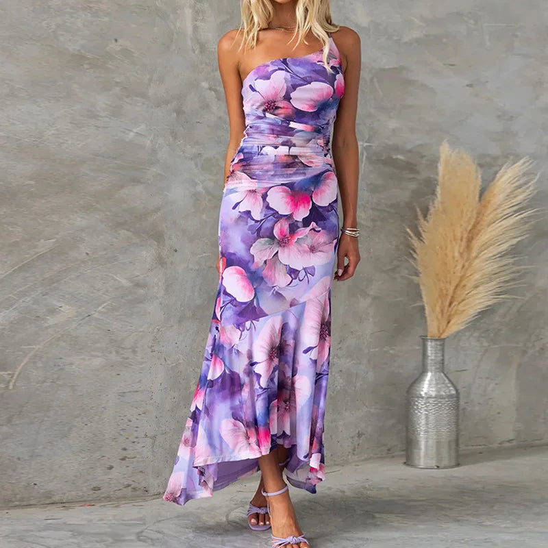 qgtao Summer Women Diagonal Collar Party Dress, Loungewear Patchwork Print Loose Maxi Dress, New Sleeveless Sweet Simple Ladies Dress