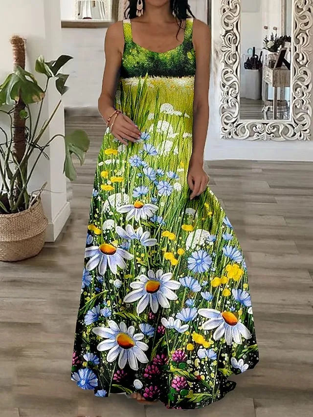 qgtao 2024 Loose Casual Plus Size Long Maxi Dress Beach Sun Dresses Women Sleeveless Summer Fashion Printed Boho Maxi Long Dress