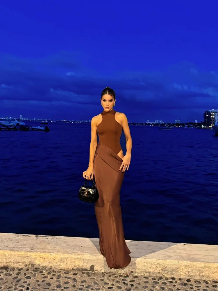 qgtao Sexy Solid Fold Sleeveless Maxi Dress Elegant Half High Collar High Waist Bodycon Long Dresses 2024 Lady Vacation Party Vestidos