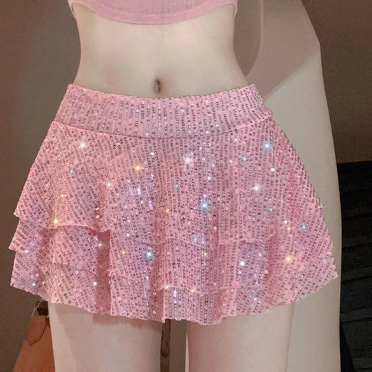qgtao 2024 Spring Summer Women Pink Sequin Multi Layered Ruffle Edge Ultra Short Skirt Sexy Spicy Girl Mid Rise Mini Skirts Clubwear