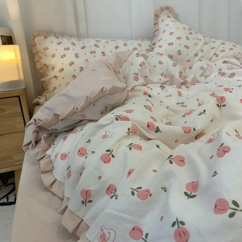 Yeknu French Style Bedding Set Pastoral Colored Grape Double-layer Gauze Light Purple Washing Cotton Duvet Cover Bed Sheet Comforter