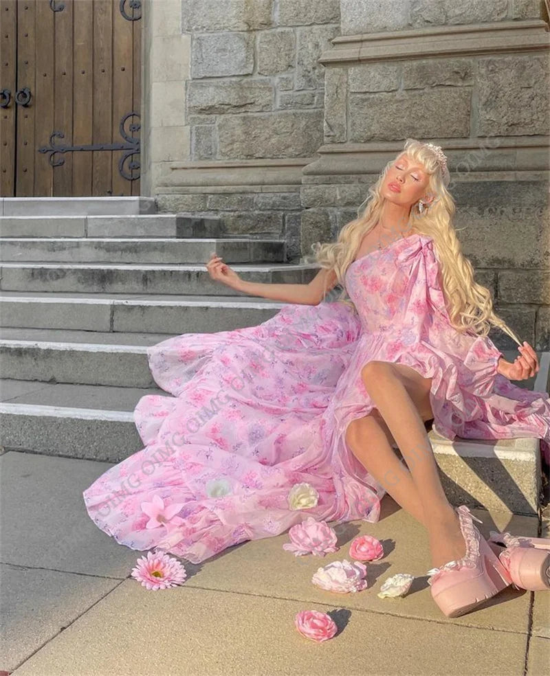 Print Chiffon Floral A Line Prom Evening Dresses Sleeveless A Line Ruffles Custom Formal Occasion Party Gowns Dress