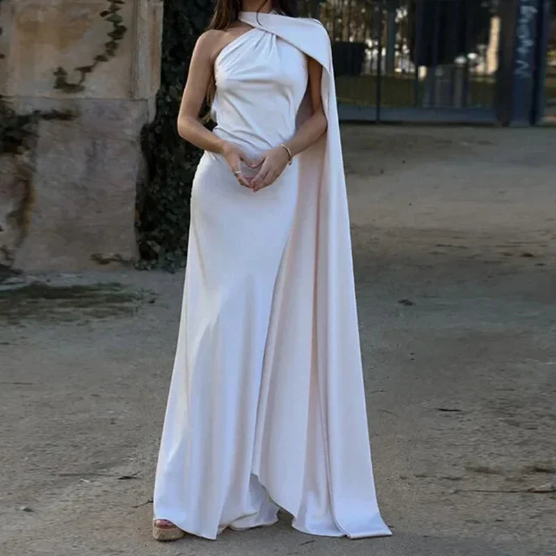 qgtao - Lady Sexy Backless Solid Long Dress Elegant Halter Sleeveless Slim Evening Dress Fashion Hight Waist Patchwork Satin Party Dress