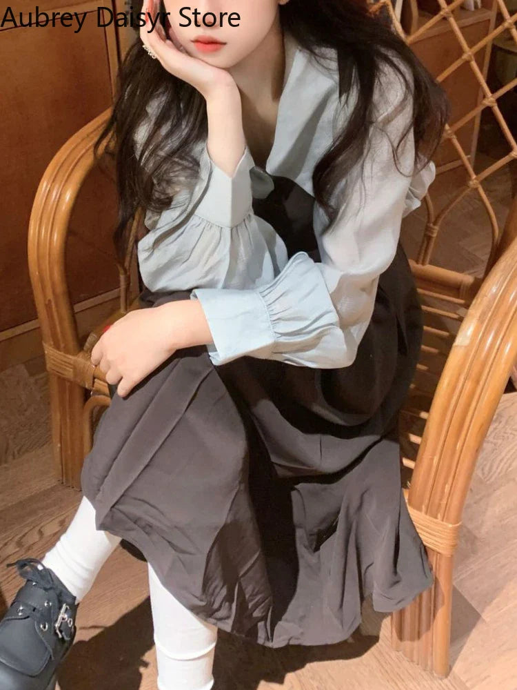 qgtao Korean Fashion Elegant Two Piece Set Women Puff Sleeve Blouse Strap Pleated Dress Set Vintage Casual Sweet Cute Dress Set Female