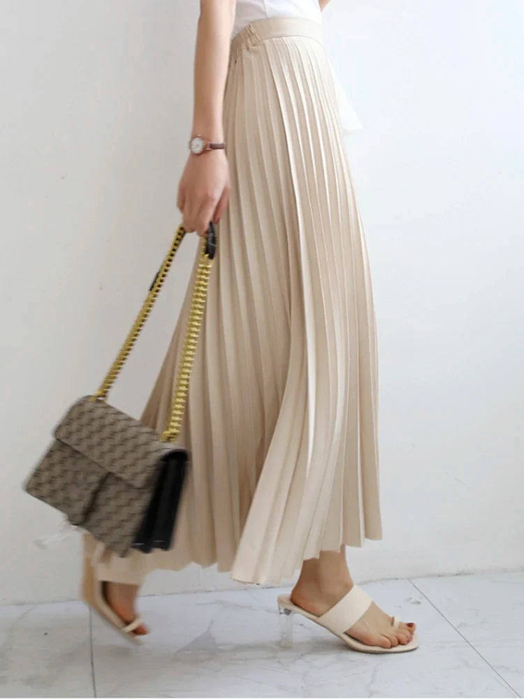 qgtao Elegant Long Pleated Skirt Women Spring Autumn Solid Elastic Waist A-line Slim Luxury Midi Skirt Vintage Female