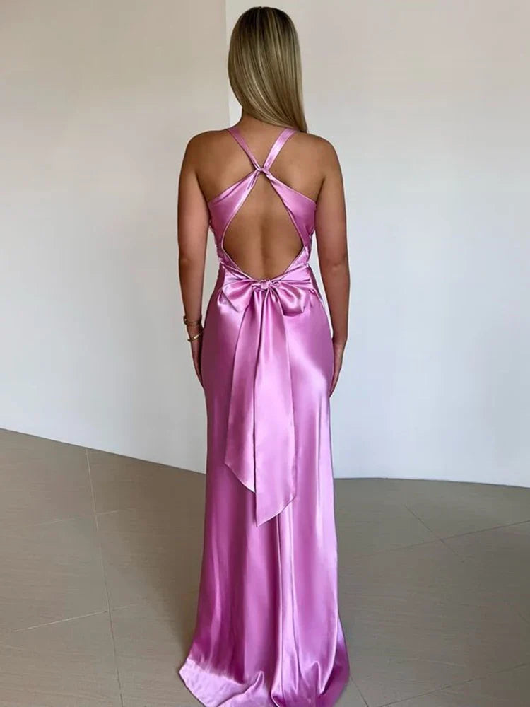 qgtao Satin Bow Backless Sexy Maxi Dress For Women Gown Fashion V Neck Sleeveless Club Party Evening Dress Elegant