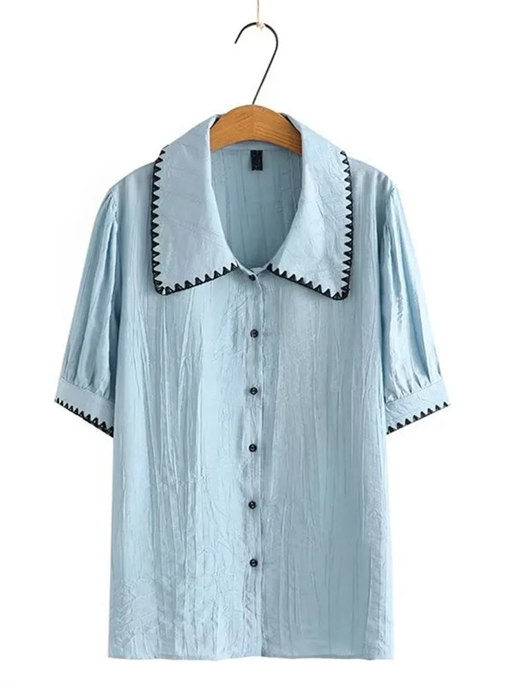 qgtao Plus Size Women's Clothing Short Sleeve T-Shirt Lapel Zigzag Shape Stitches Cotton Inelastic Thin Cardigan Large Size Top Summer