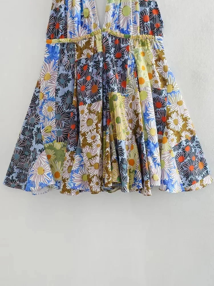 qgtao Boho Flower Print Halter Mini Dress Women Fashion 2023 Beach V Neck Sexy Backless Dress Holiday Party Dress