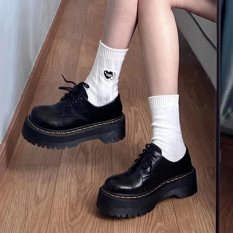 qgtao Loafers Thick Soled Retro Black Leather Shoes Women's 2024 Autumn Winter New Item Japanese Style College Style Lace Up Loafers