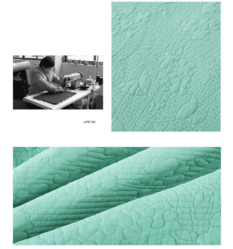 Yeknu Double Bed 100% Cotton Pure Green 3pcs Printed Quilted Quilt Pillowcase Free Shipping