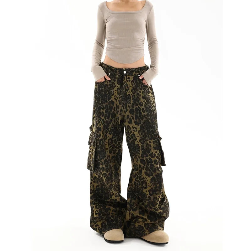 qgtao - American Vintage High Waist Trashy Jeans 2024 Autumn Women Casual Baggy Leopard Print Pants Wide Leg Grunge Street Denim Trouser