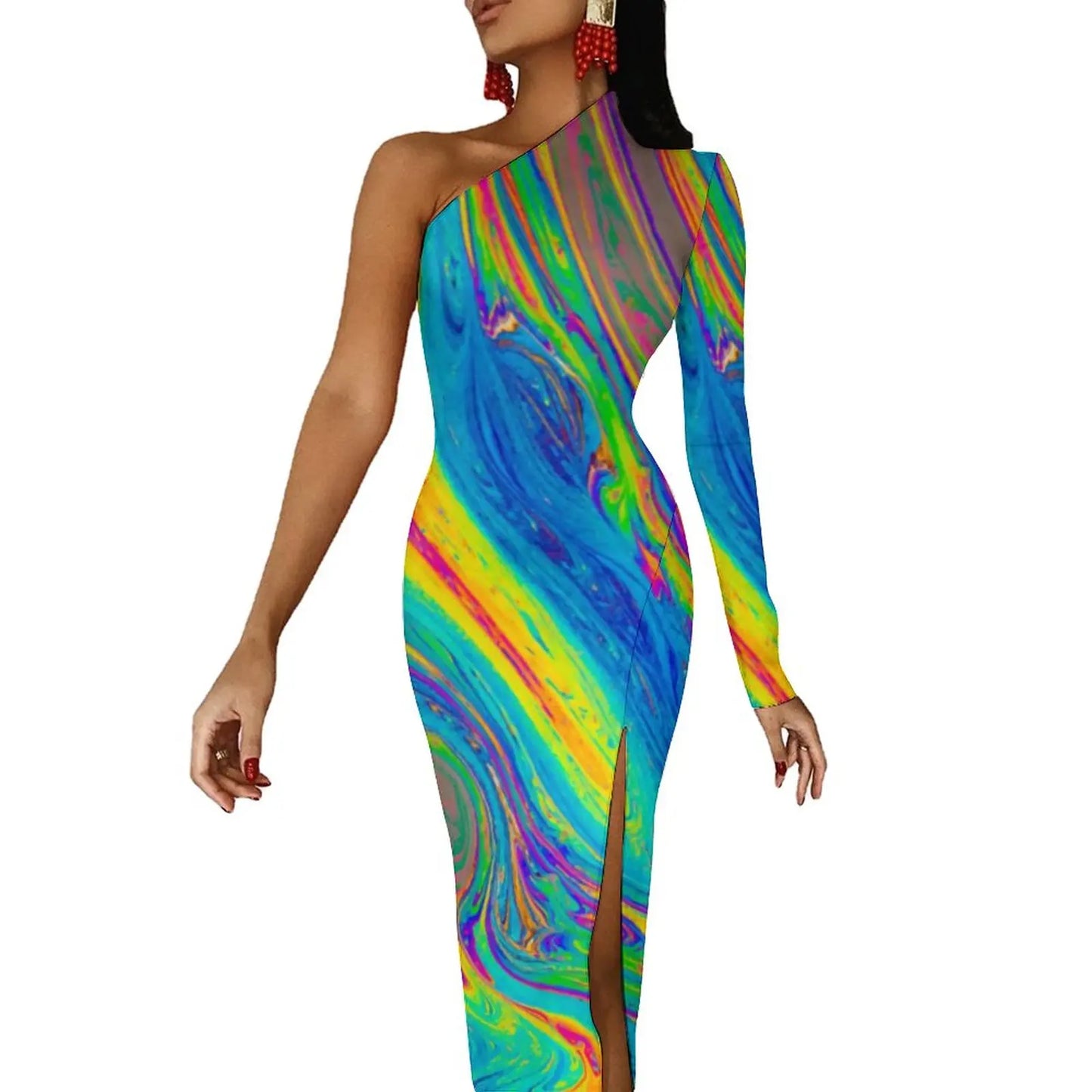 Neon Paint Long Dress Women Graffiti Splatter Print Party Maxi Dress Summer Long Sleeve Sexy Bodycon Dresses Side Split Clothes
