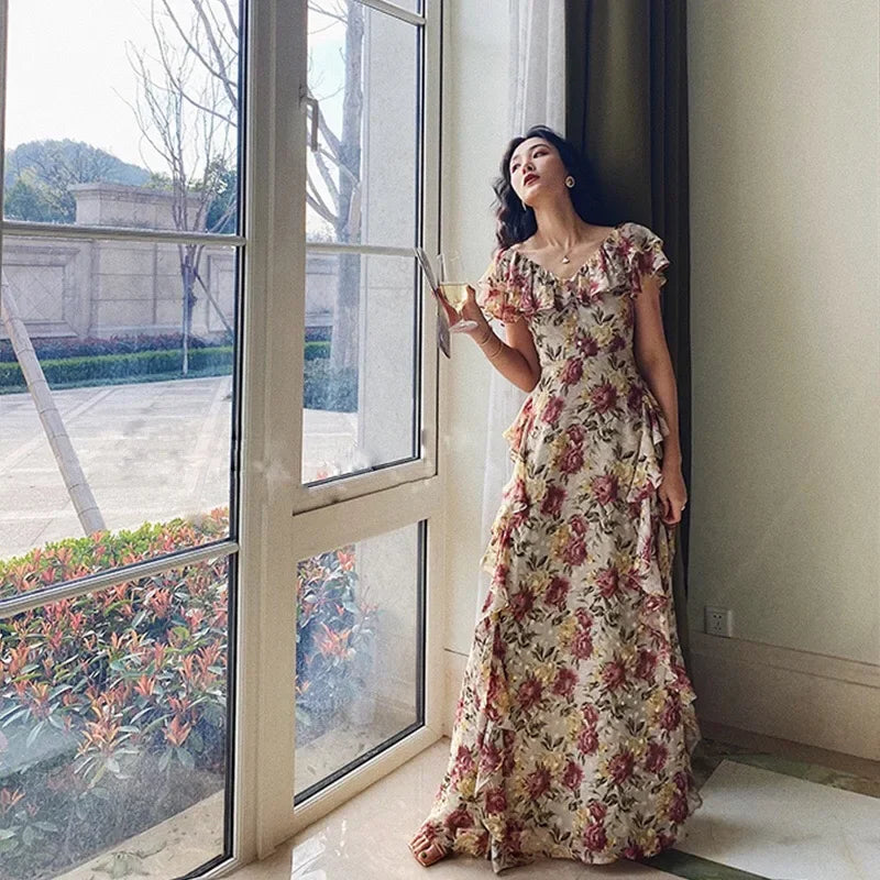 qgtao French Elegant 2000s Vintage Dress Women Floral Floor-Length Sexy Wedding Party Long Boho Dress Beach Style 2024 Summer Y2k Chic