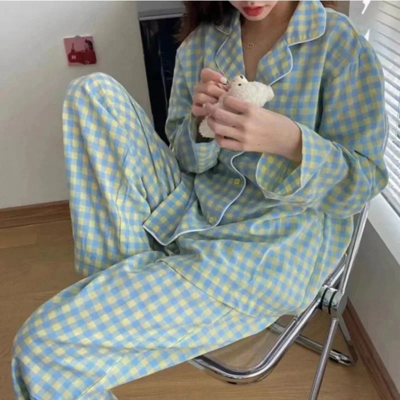 qgtao Spring Autumn Pajamas Women's Winter Sleepwear Set Korean Version of Ins Style Cute Long Sleeve Trousers Set Female Loungewear