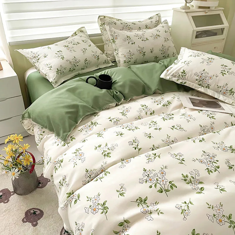 Yeknu - Floral Printed Duvet Cover Set with Sheet Pillowcases Warm Cute Cartoon Bed Linen Full Queen Size Home Gift Bedding Set