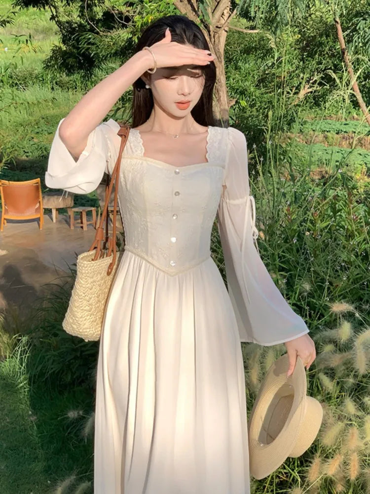 qgtao French Vintage Flare Sleeve Midi Dresses for Women Square Collar A-line Autumn New Casual Solid Party Dress Female Clothing