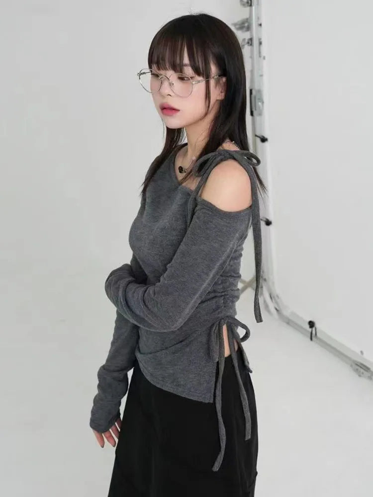 Vintage Y2K Off Shoulders Crop T -shirt Korean Women Long Sleeve Shirring Lace-up Top Blouse Aesthetic Harajuku Gothic Clothes