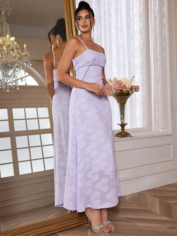 qgtao New Summer Elegant Maxi Dress 2024 New Arrival Purple Spaghetti Strap Wedding Guest Dress Lace Up Party Dresses