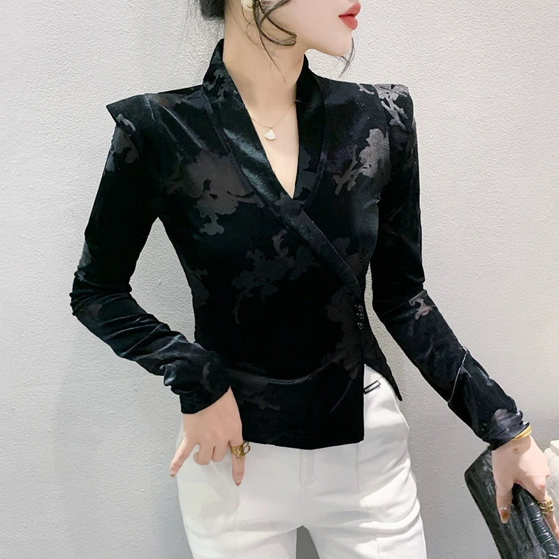 2024 New Spring Summer European Clothes Velvet T-Shirt Irregular V-Neck Sexy Women Tops Long Sleeve Plants Flowers Tees 42029