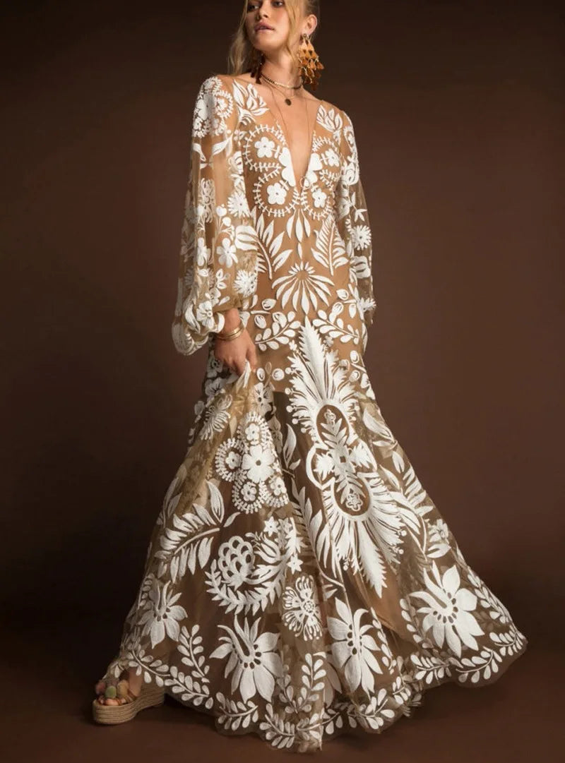 Bridal Luxury Evening Dresses Slim Fit Puff Sleeve V-Neck Long Sleeved Floor-Length New of Print Chiffon Dress Women