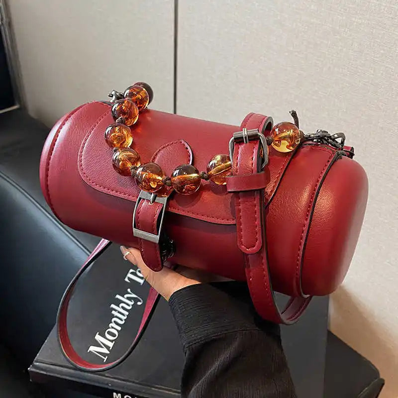 qgtao PU New Cylinder Crossbody Bag For Women Versatile Beading Decor Handheld Spring Autumn Fashion Solid Color Single Shoulder Bag