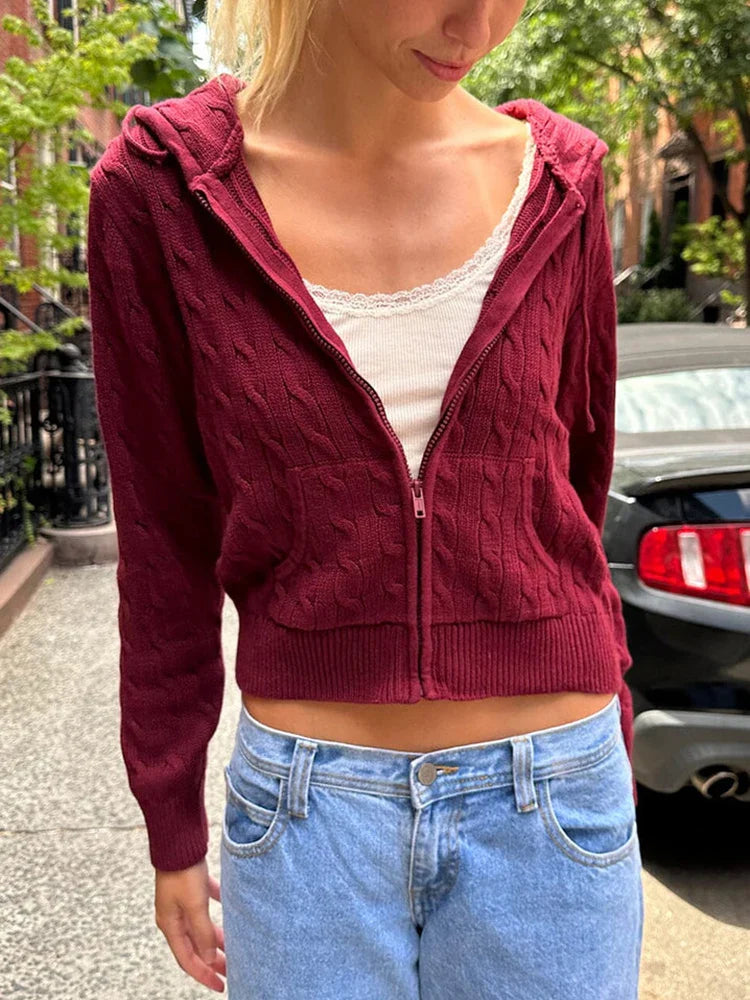 Solid Twist Knitted Hooded Cardigan Women Autumn Casual Cotton Ribbed Trim Zip-up Sweater Vintage Streetwear Cropped Tops Coat