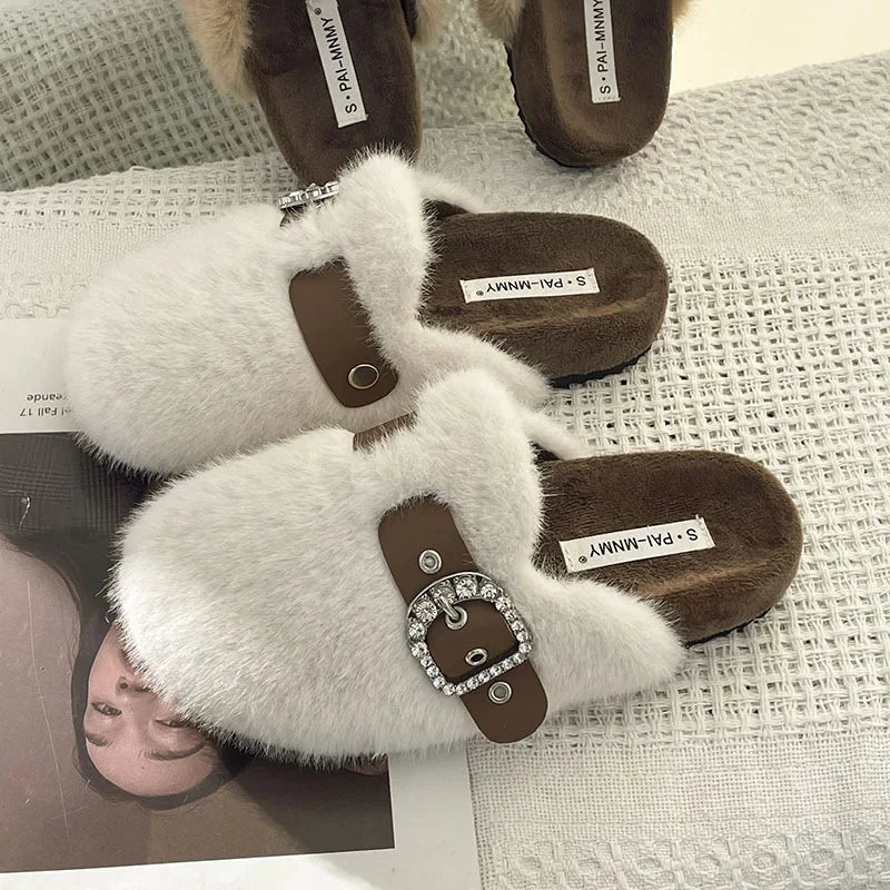 qgtao New 2024 Winter Warm Plush Slippers for Women Closed Toe Faux Fur Cotton Shoes Woman Fashion Buckle Lightweight Flat Mules Shoes