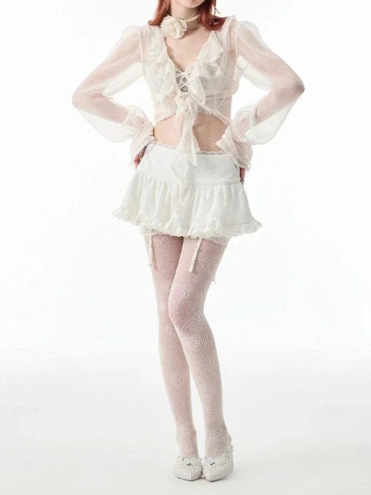 qgtao Coquette Mini Skirt Women 2023 Kawaii Lace Mesh Patchwork Sexy White High Waist A-line Lolita Ruffle Skirt Fairycore