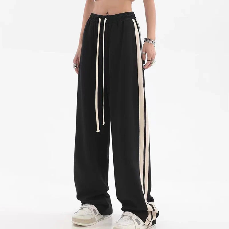 qgtao Striped Joggers Sweatpants Bf Hip Hop Women High Waist Wide Leg Sports Pants Street wear Drawstring Baggy Straight Trousers