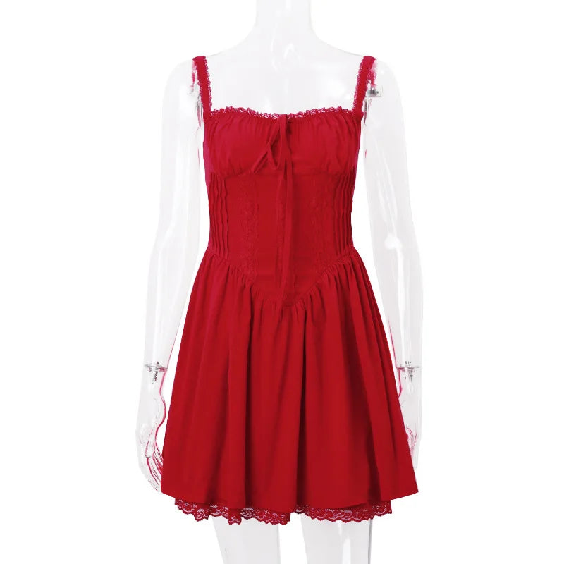qgtao Sexy Square Neck Corset A Line Mini Dress Cottagecore Red Summer Dresses For Women Holiday Outfits 2024 Y2K Clothing