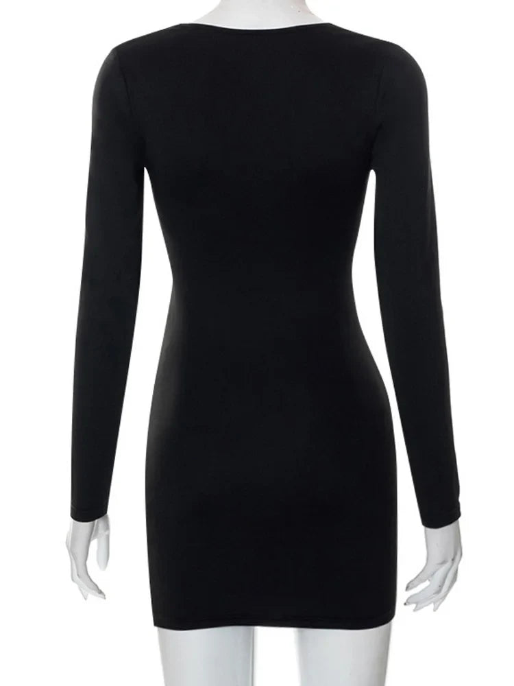qgtao Casual Solid Long Sleeve Hipster V-neck Sheath Party Dress Women Gown Sexy Hollow Out Split Mini Dresses Woman Vestidos
