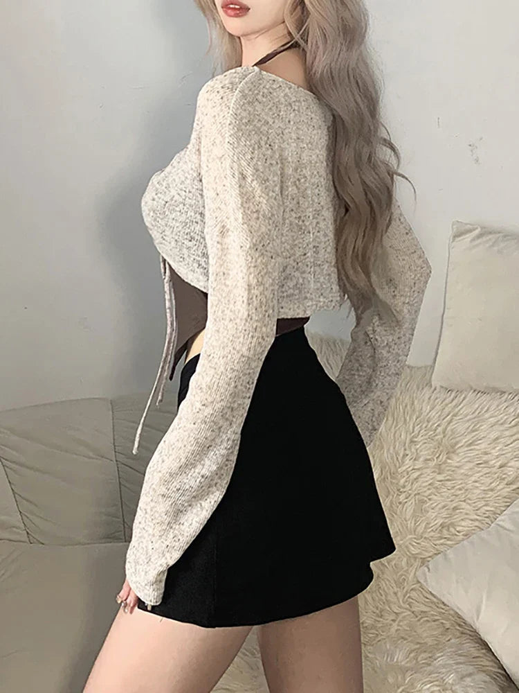 qgtao Sexy T-shirts Women Summer Solid Halter And Transparent Lace Up Two-Piece Top Female Fashion Long Sleeve T-shirt Y2k Street wear