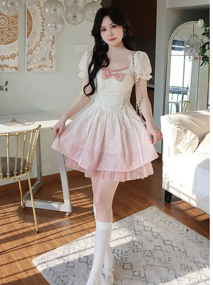 qgtao Bubble Sleeve Kawaii Lolita Mini Dress Women Pink Bow Princess Sweet Party Cute Dress A-Line Elegant Fairy Dress 2024 Spring New