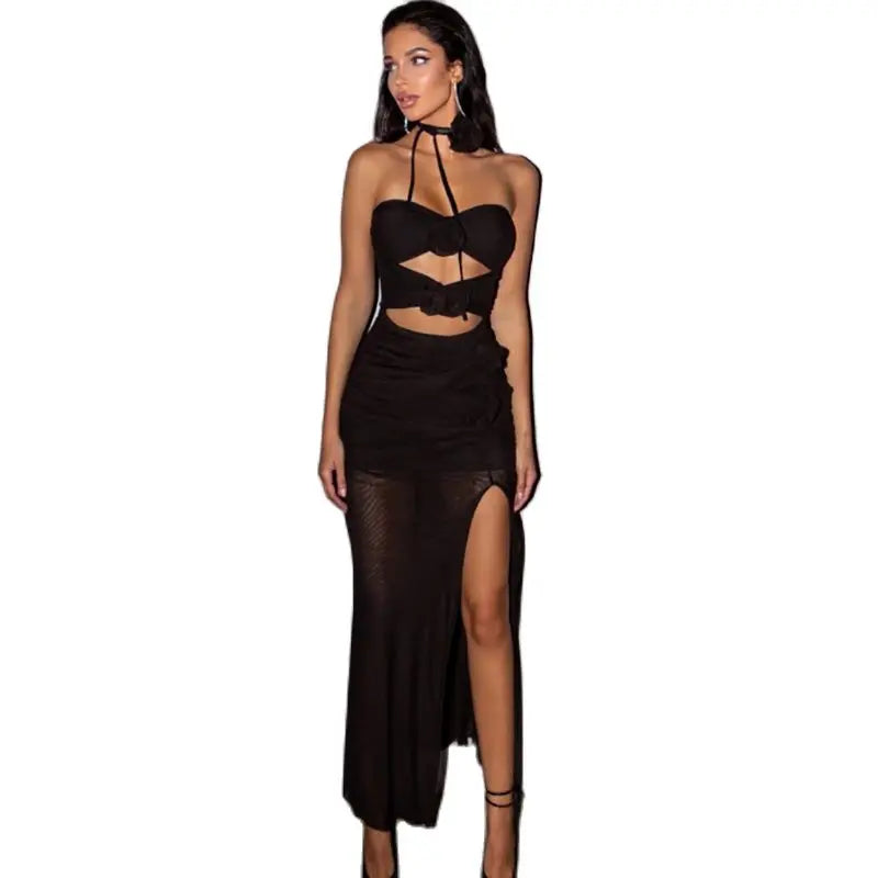 Sexy Strapless Flower Mesh Women Dress Black Hollow Out Ruched Maxi Dress Autumn Woman Elegant Party Club