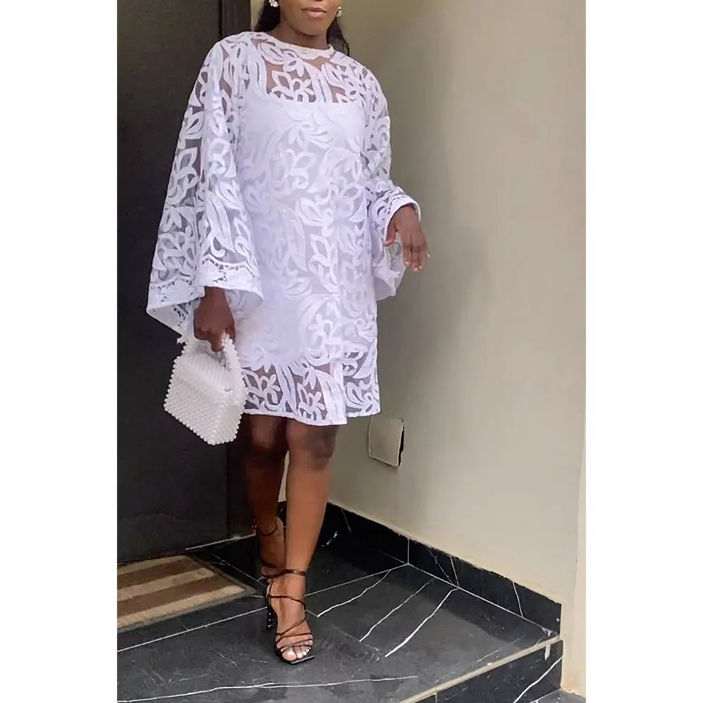 qgtao Plus Size Homecoming Dress White See-Through Lace Flare Sleeve Two Piece Mini Dress