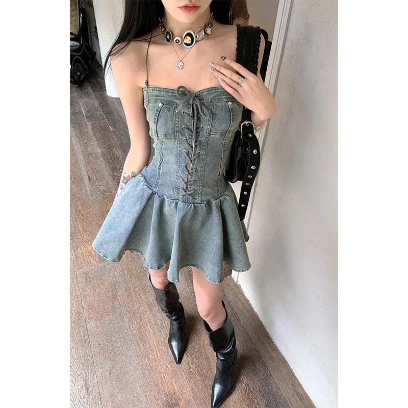 qgtao 2024 Summer Fashion Sexy Denim Bandage Pleated Mini Dress Women Party Dresses Vestidos Fiesta Mujer