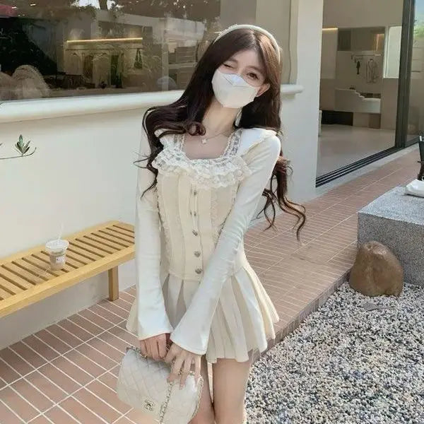 qgtao Y2k Coqutte Women T Shirt Lace Bow Square Neck Long Sleeve Crop Tops Heart Button Kawaii Casual Slim Knitted Pullover.