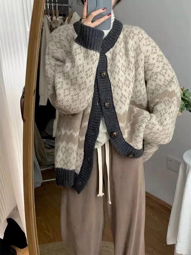 Vintage Jacquard Button Knitted Women Sweater Fashion Office Lady Style Warm Sweater Cardigan Sweet Girls Retro Knitwear