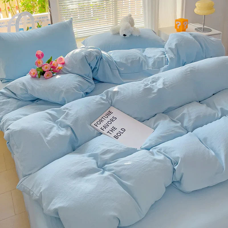 Yeknu Girls Blue Duvet Cover Set Twin Full Queen Size Soft Flat Sheet Pillowcase Bed Linen Princess Style Solid Color INS Bedding