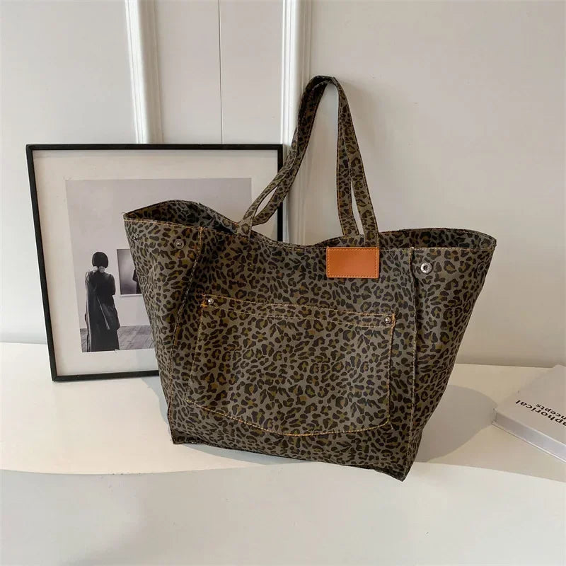 qgtao Oversized Leopard Prints Shoulder Bags for Women Deformable Canvas Large Capacity Shopping Totes 2024 Winter New Luxury Handbags